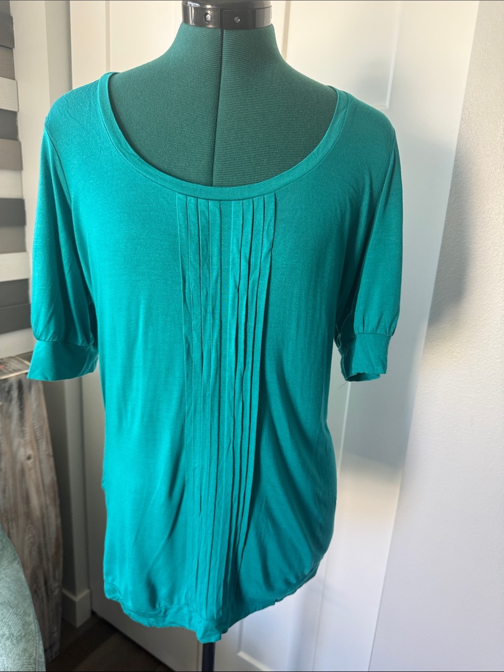 The Limited Teal Pleated Scoop Neck Short Sleeve Top